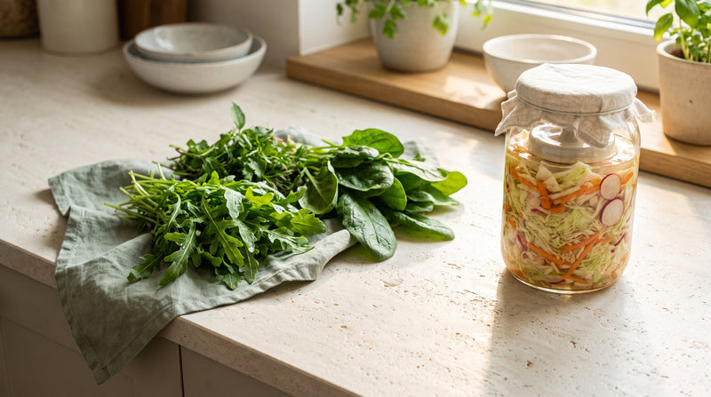 Fresh leafy greens and a jar of fermenting vegetables on a sunlit kitchen counter
