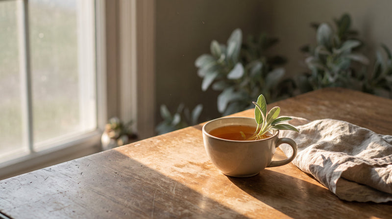Late afternoon sunlight and long shadows across a wooden desk with a cup of herbal tea
