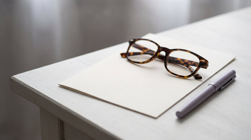 Reading glasses and a pen resting on a blank sheet of paper on a pale desk